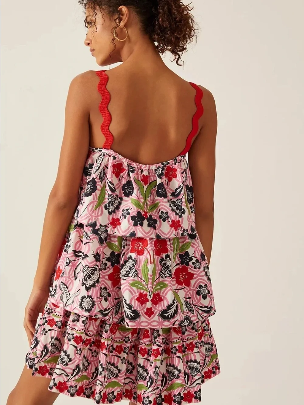 Maeve Pink Floral Tiered Mini Dress with Red Straps - Picture 3 of 6